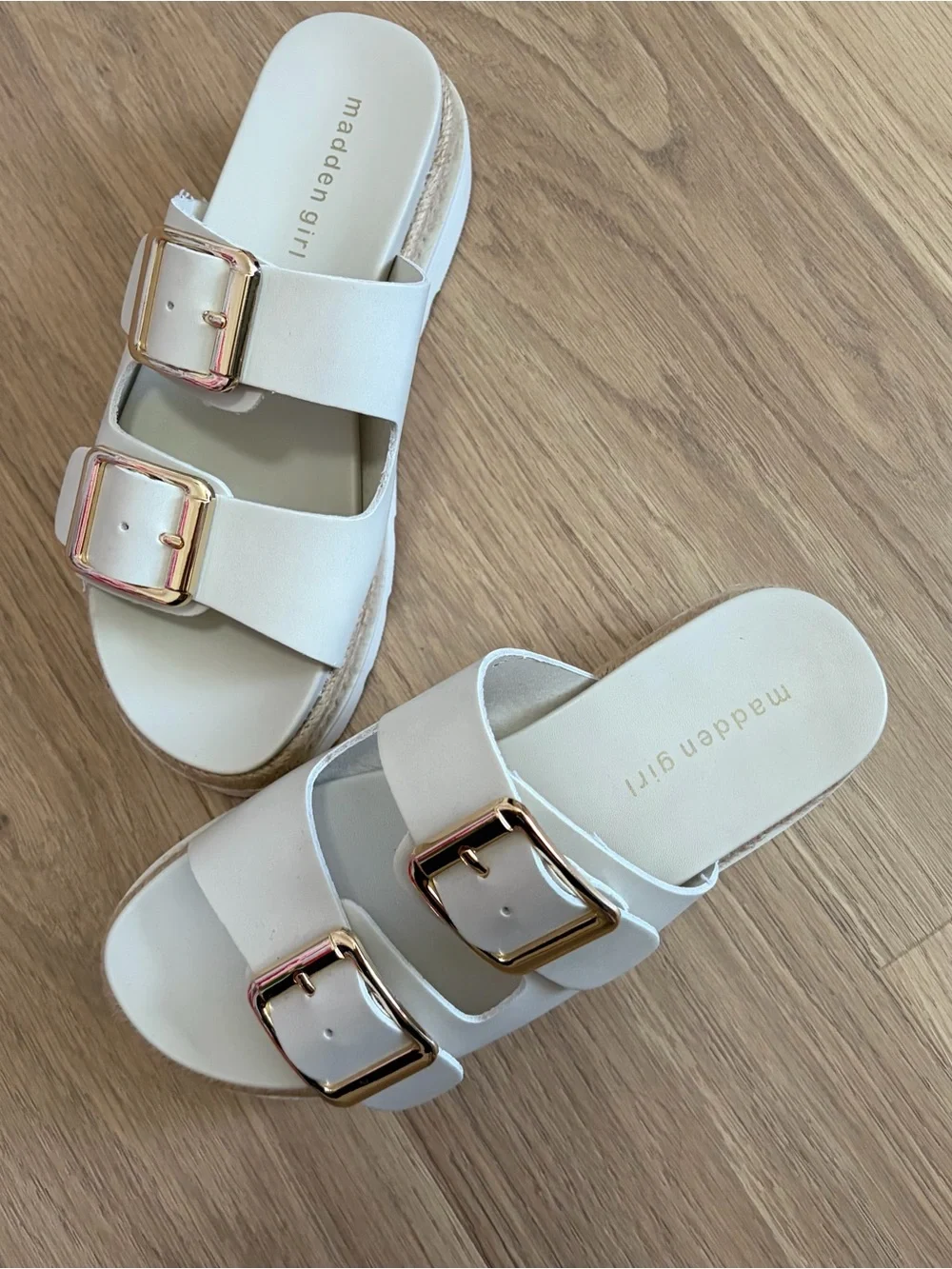 Madden Girl White Double-Strap Slide Sandals with Gold Buckles size 7 1/2 easyon